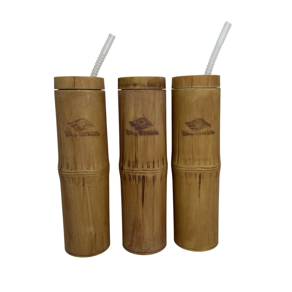 Three Disney Cruise Lines Bamboo Luau Tiki Sipper Cups - TWO STRAWS